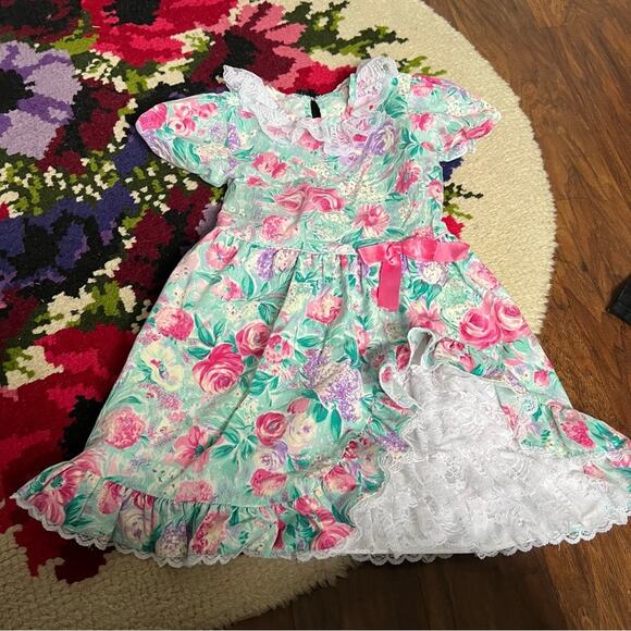 Vintage 80s/90s Girl’s Green & Pink Floral Lace Dress - Picture 1 of 6